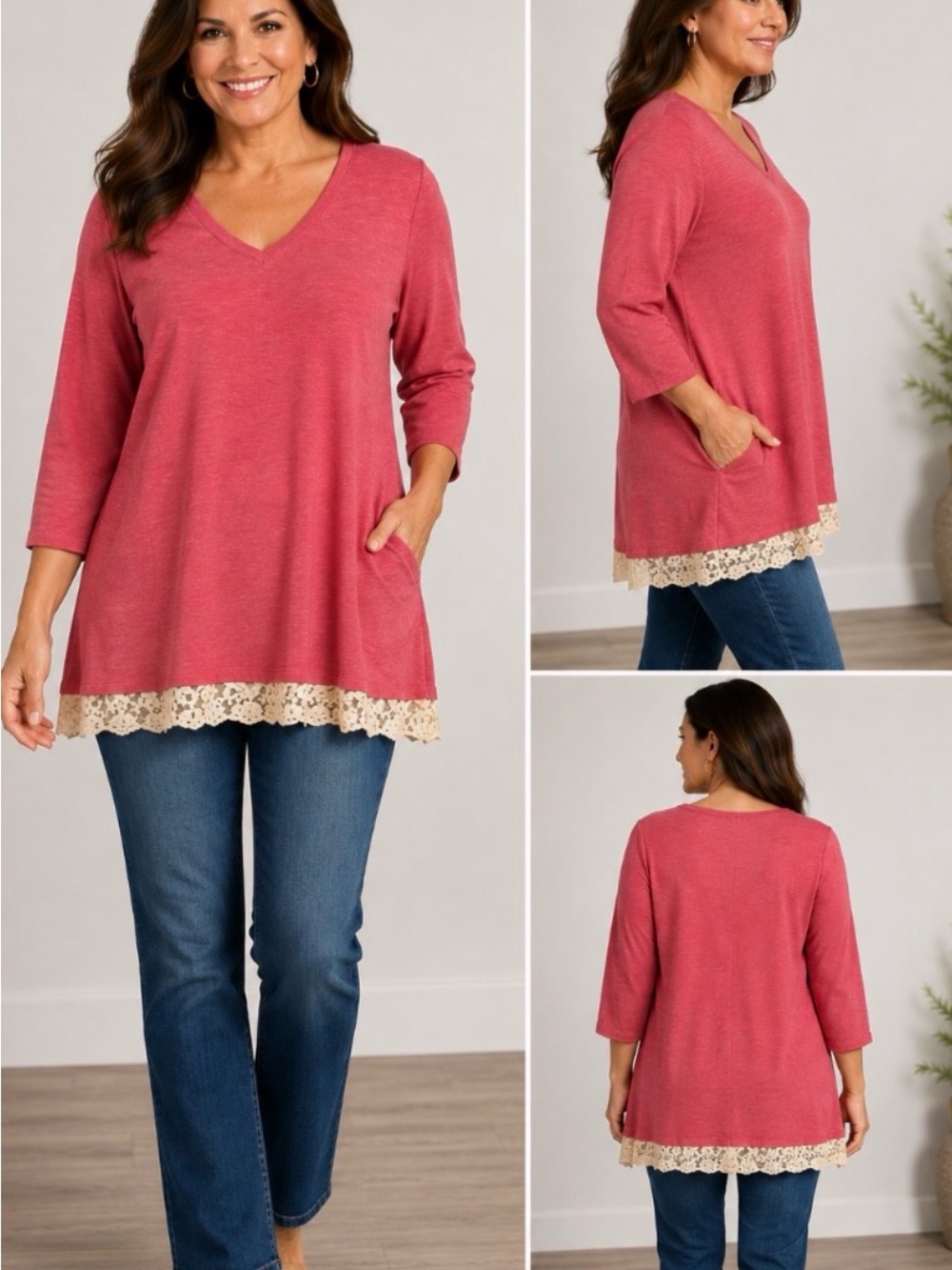 Lori Goldstein Logo Lounge Dusky Pink 3/4 Sleeve Lace Trimmed Top Size Large
